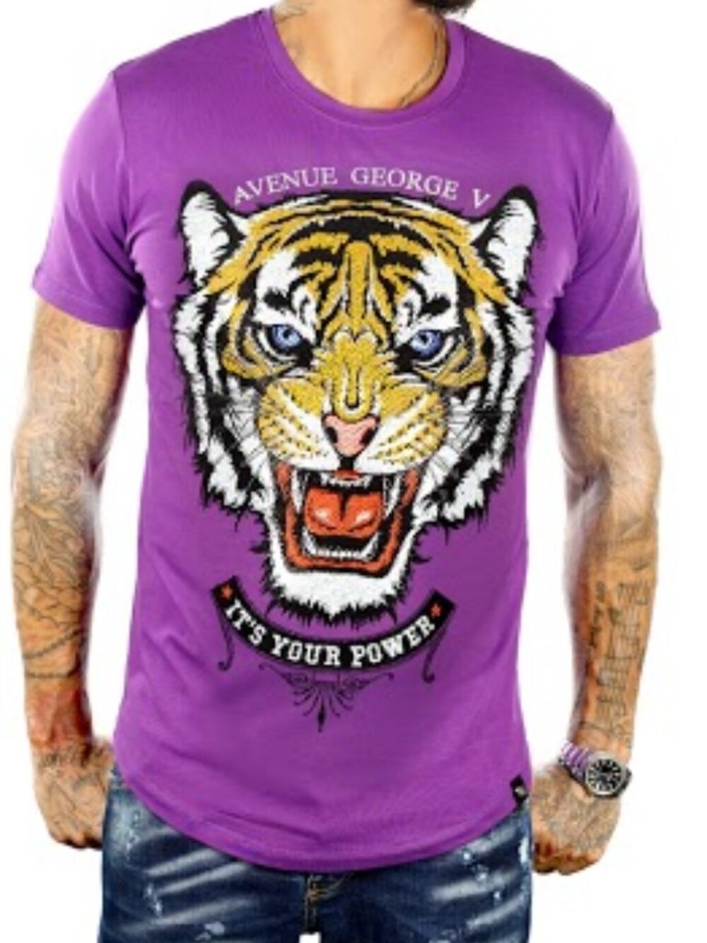 Avenue George V Paris T-Shirt rhinestone Lion Men's PURPLE Short Sleeve Shirt L